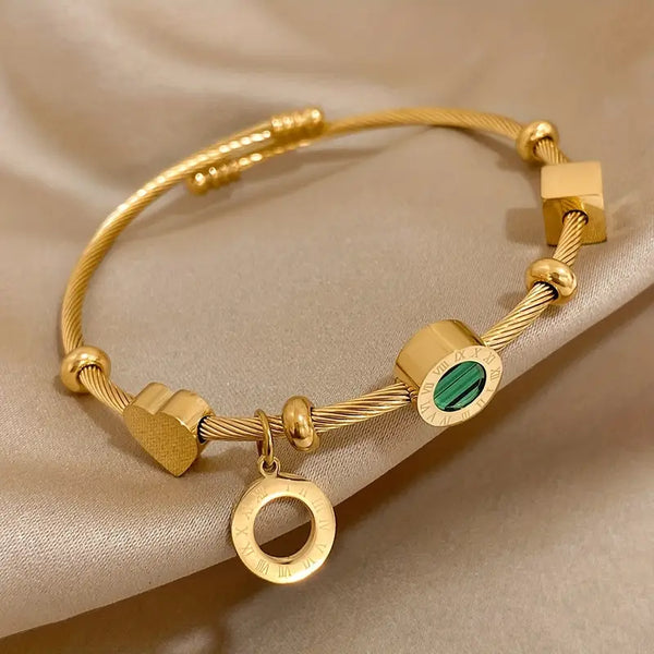 Gold-Tone Green Stone Charm Bangle