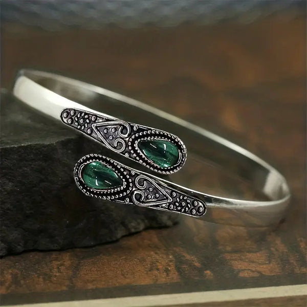Silver-Tone Green Stone Open Cuff Bracelet