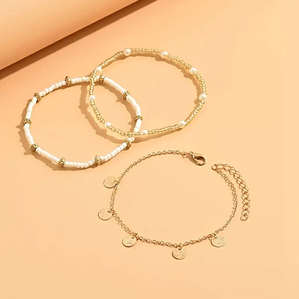 Gold-Tone Layered Beaded Anklet
