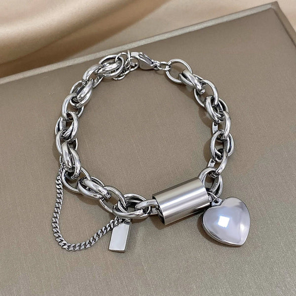 Silver-Tone Heart Charm Chain Bracelet
