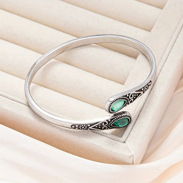 Silver-Tone Green Stone Open Cuff Bracelet