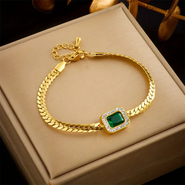 Gold-Tone Green Crystal Chain Bracelet