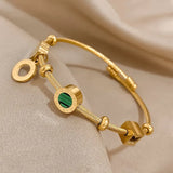 Gold-Tone Green Stone Charm Bangle